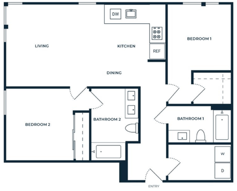 Floor plan for 2 beds, 2 baths, 996 sqft